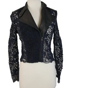 Yigal Azrouel Leather Moto Jacket Size 2 Navy Blue Guipure Lace & Black Lambskin